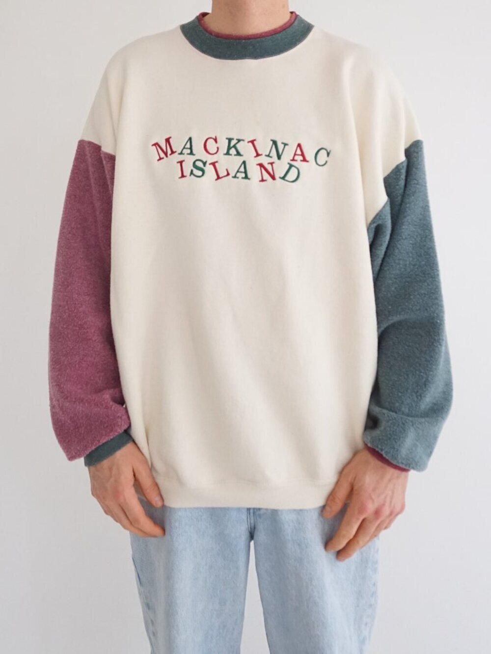 VTG HL Miller Cream Green Burgundy Mackinac Island Spellout Crewneck Sweater XXL